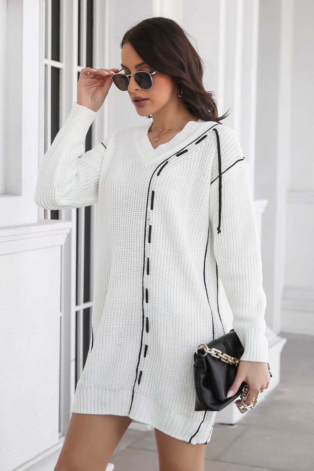 Contrast V - Neck Sweater Dress - Flip Flop Dynasty