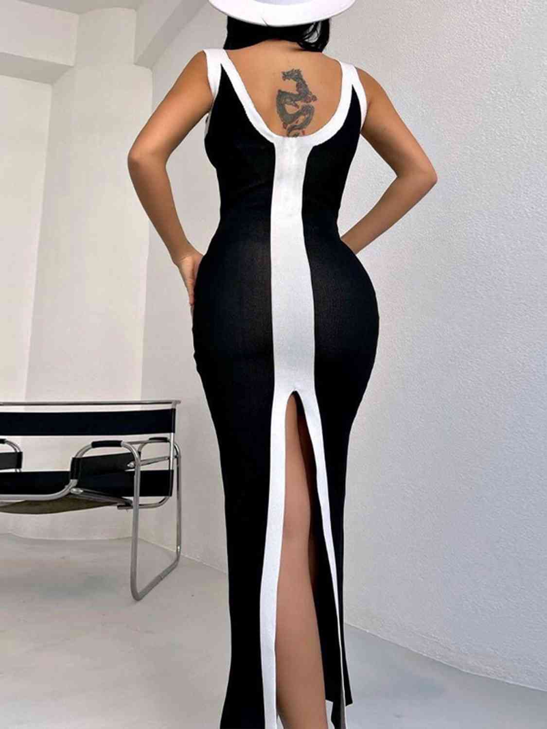 Contrast Wide Strap Slit Midi Dress - Flip Flop Dynasty