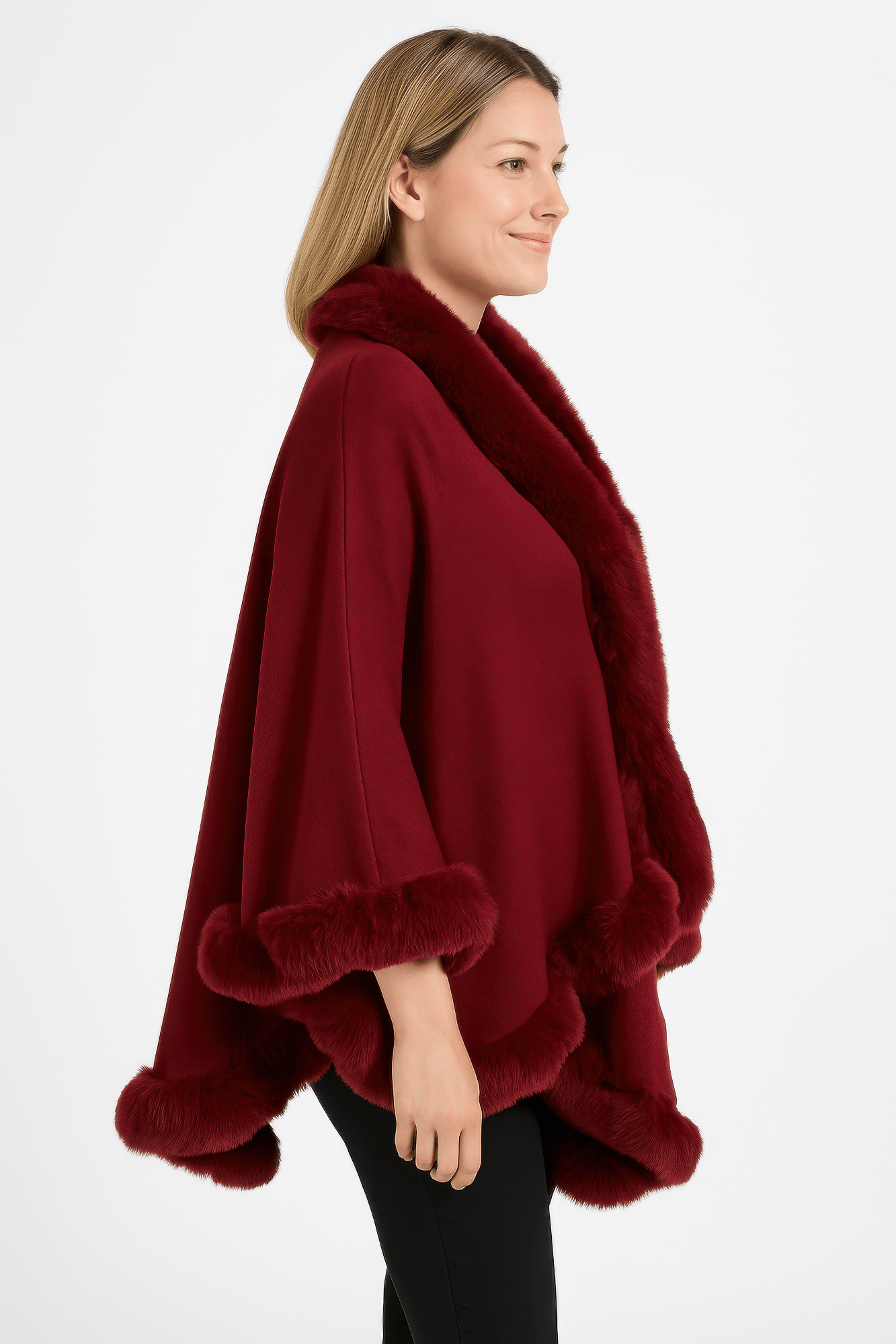 Crimson Elegance Faux Fur Trim Cape - Flip Flop Dynasty