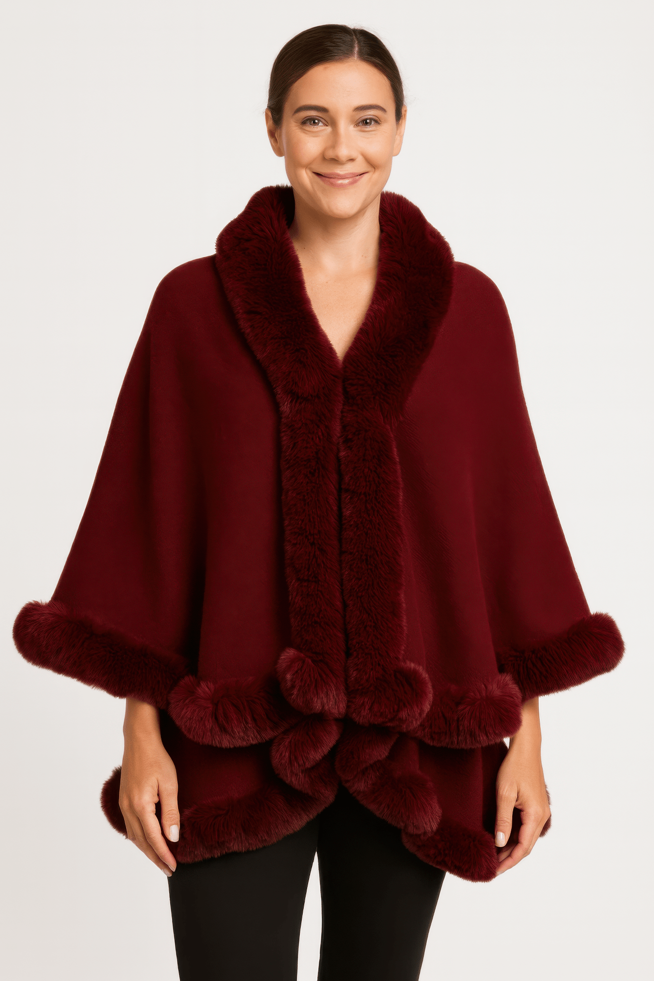 Crimson Elegance Faux Fur Trim Cape - Flip Flop Dynasty