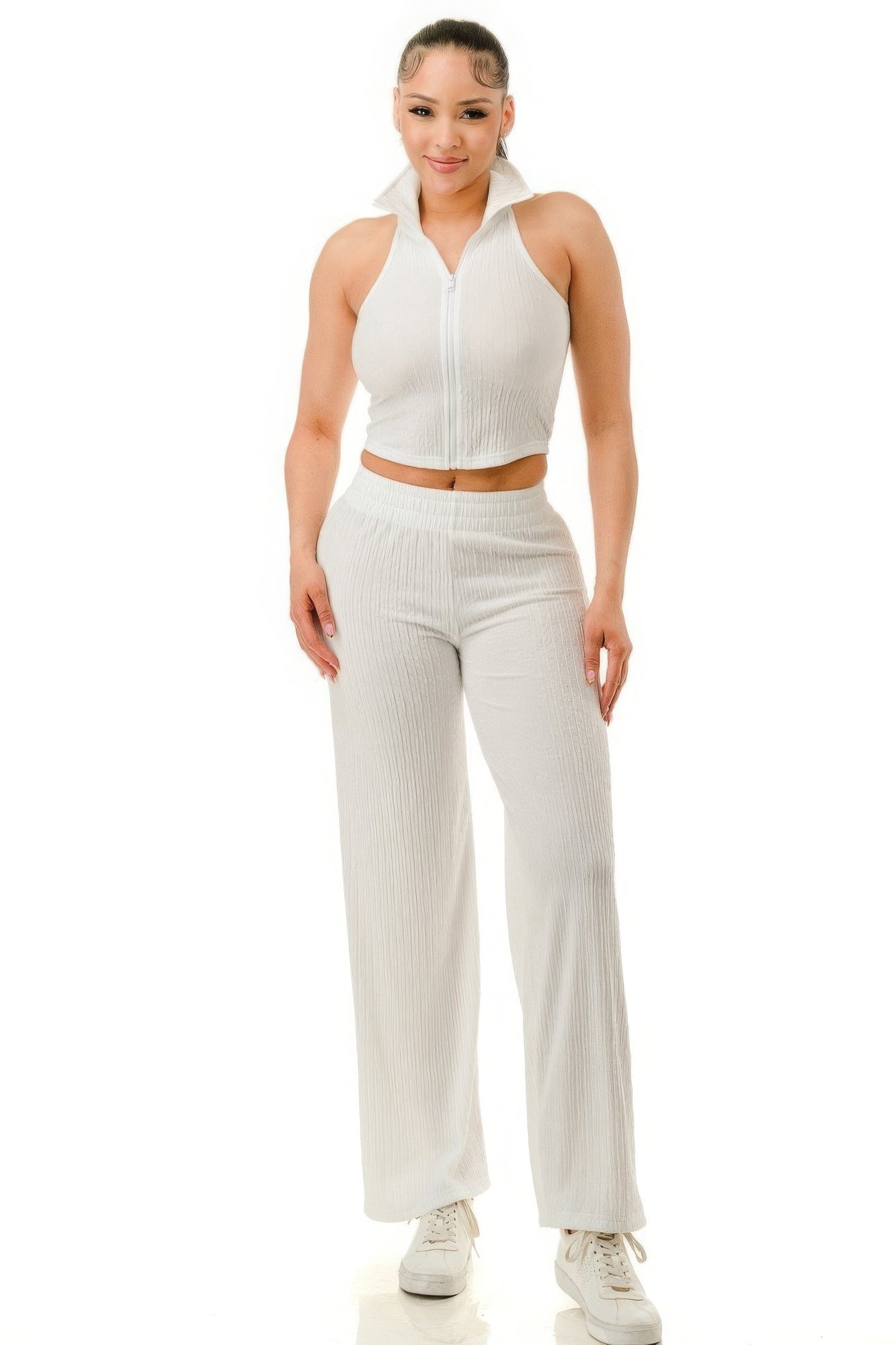 Crinkle Wide Pants Set Zipper - Flip Flop Dynasty