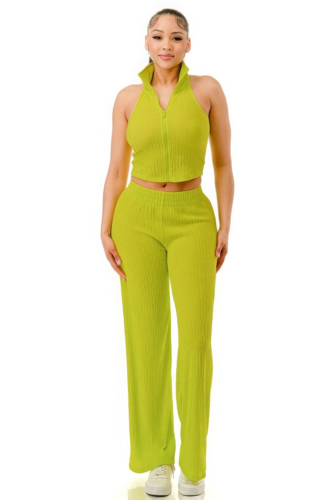 Crinkle Wide Pants Set Zipper - Flip Flop Dynasty