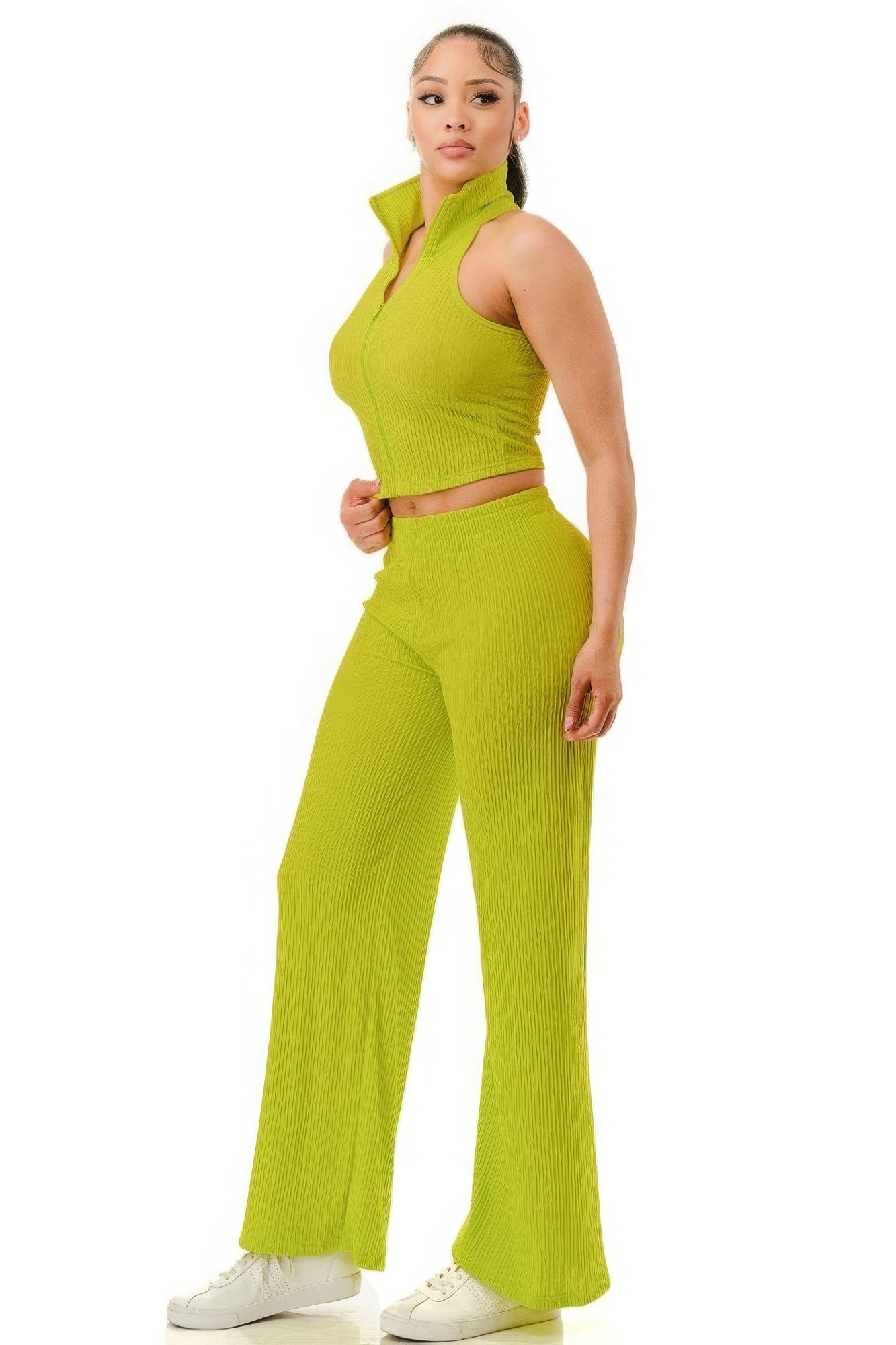 Crinkle Wide Pants Set Zipper - Flip Flop Dynasty