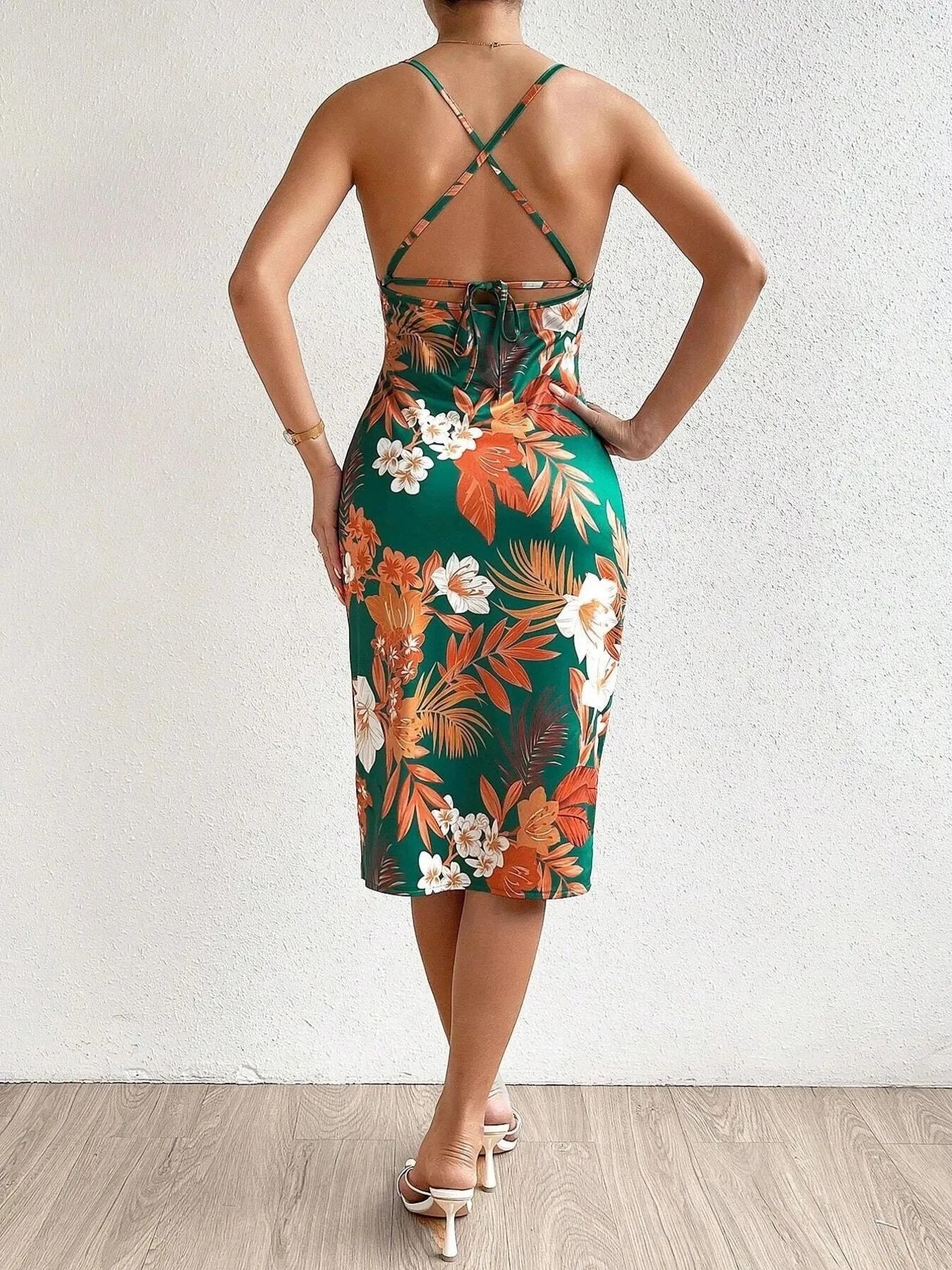 Crisscross Back Floral Print Bodycon Dress - Flip Flop Dynasty