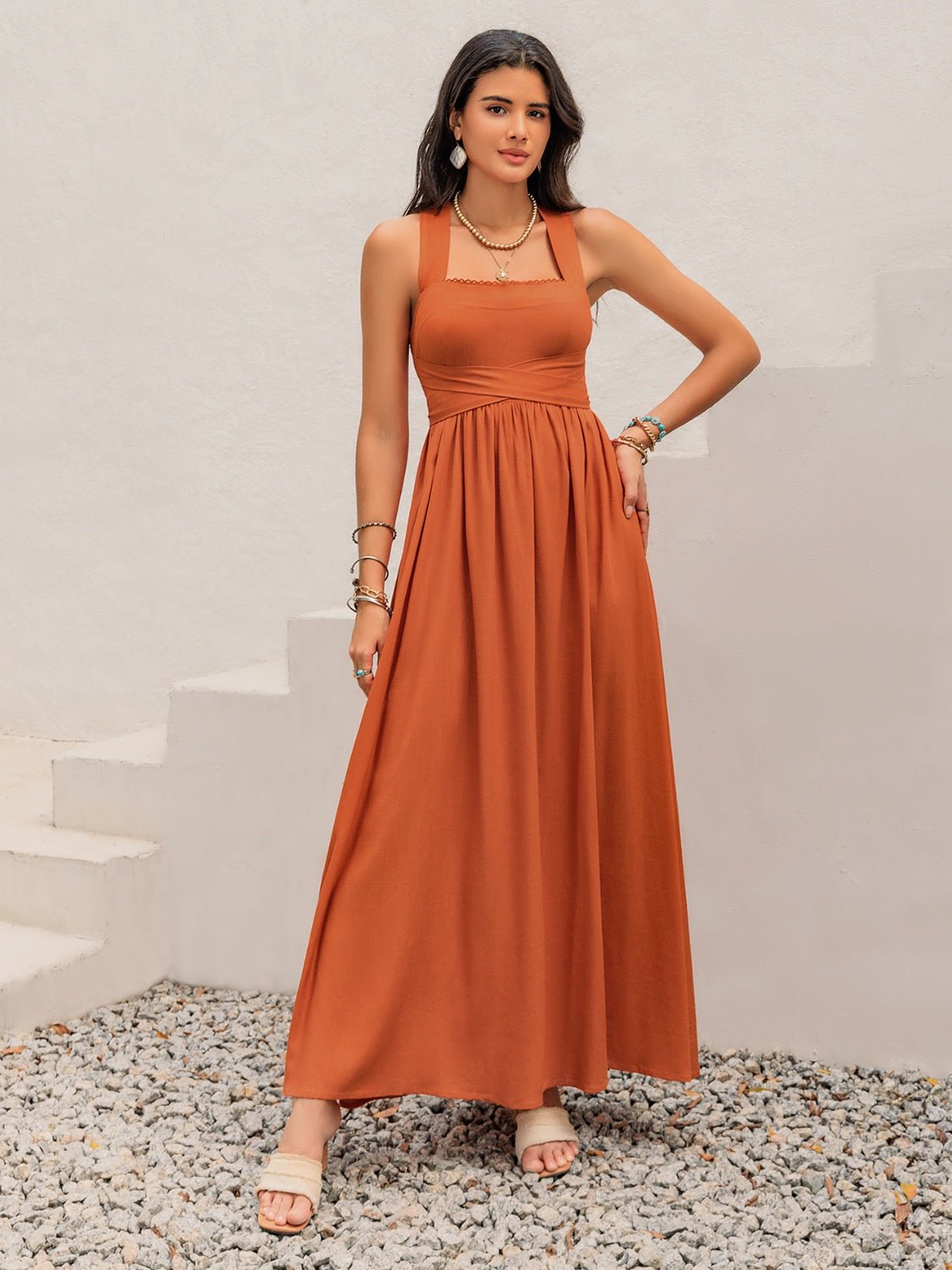 Crisscross Back Smocked Square Neck Maxi Dress - Flip Flop Dynasty