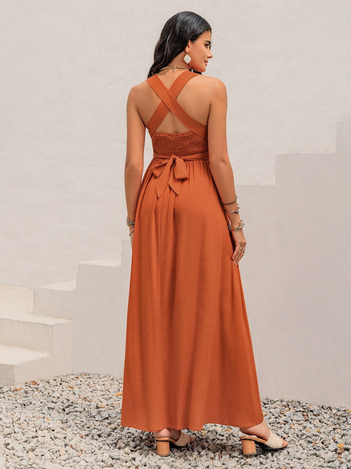 Crisscross Back Smocked Square Neck Maxi Dress - Flip Flop Dynasty