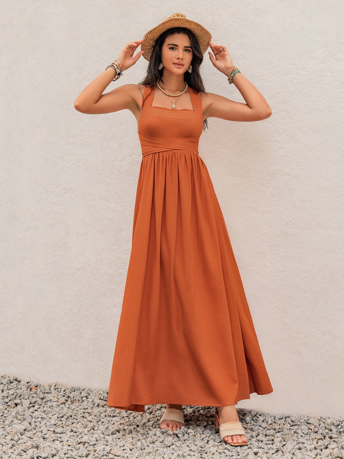 Crisscross Back Smocked Square Neck Maxi Dress - Flip Flop Dynasty
