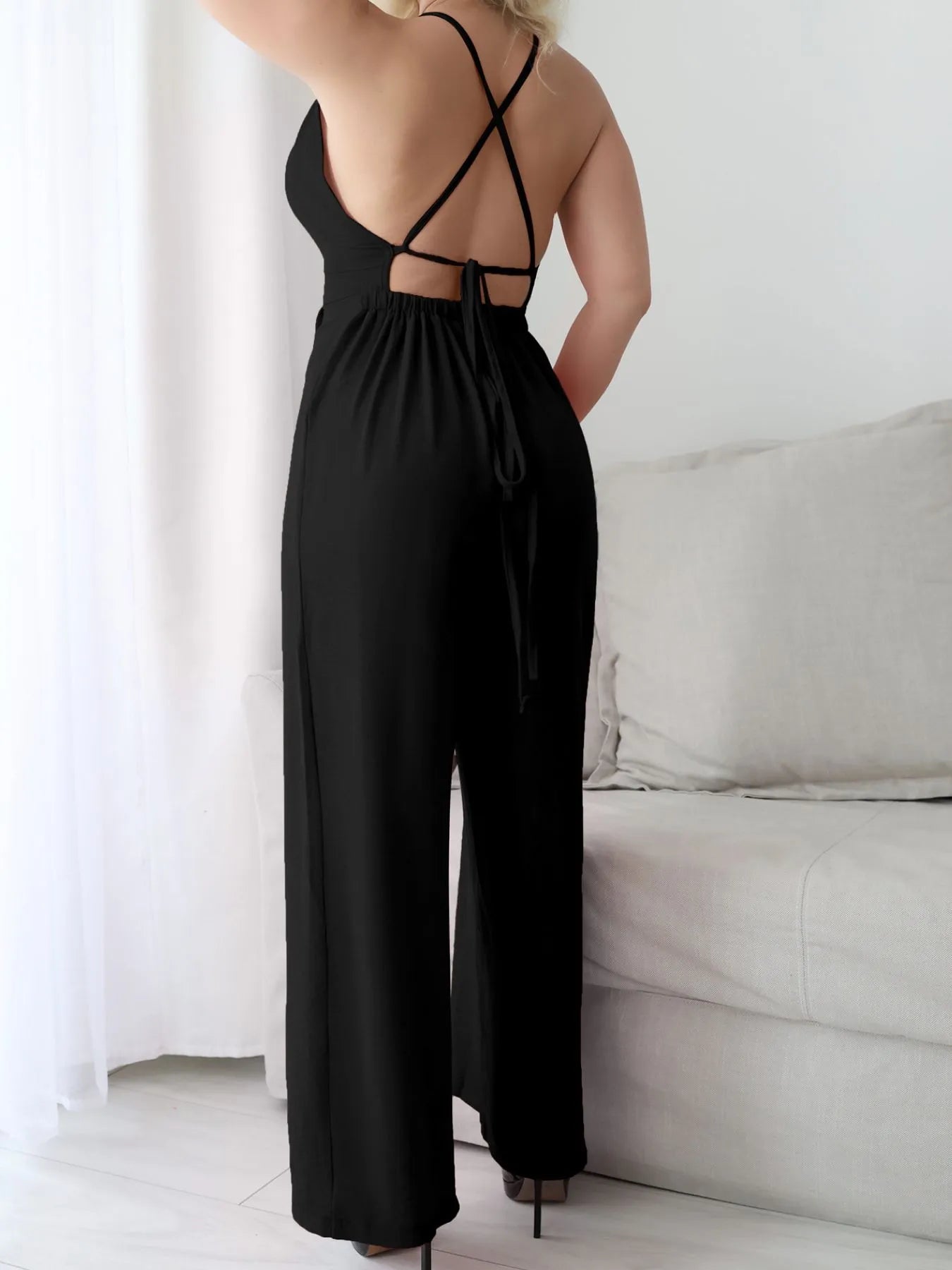Crisscross Back V - Neck Wide Leg Jumpsuit - Flip Flop Dynasty