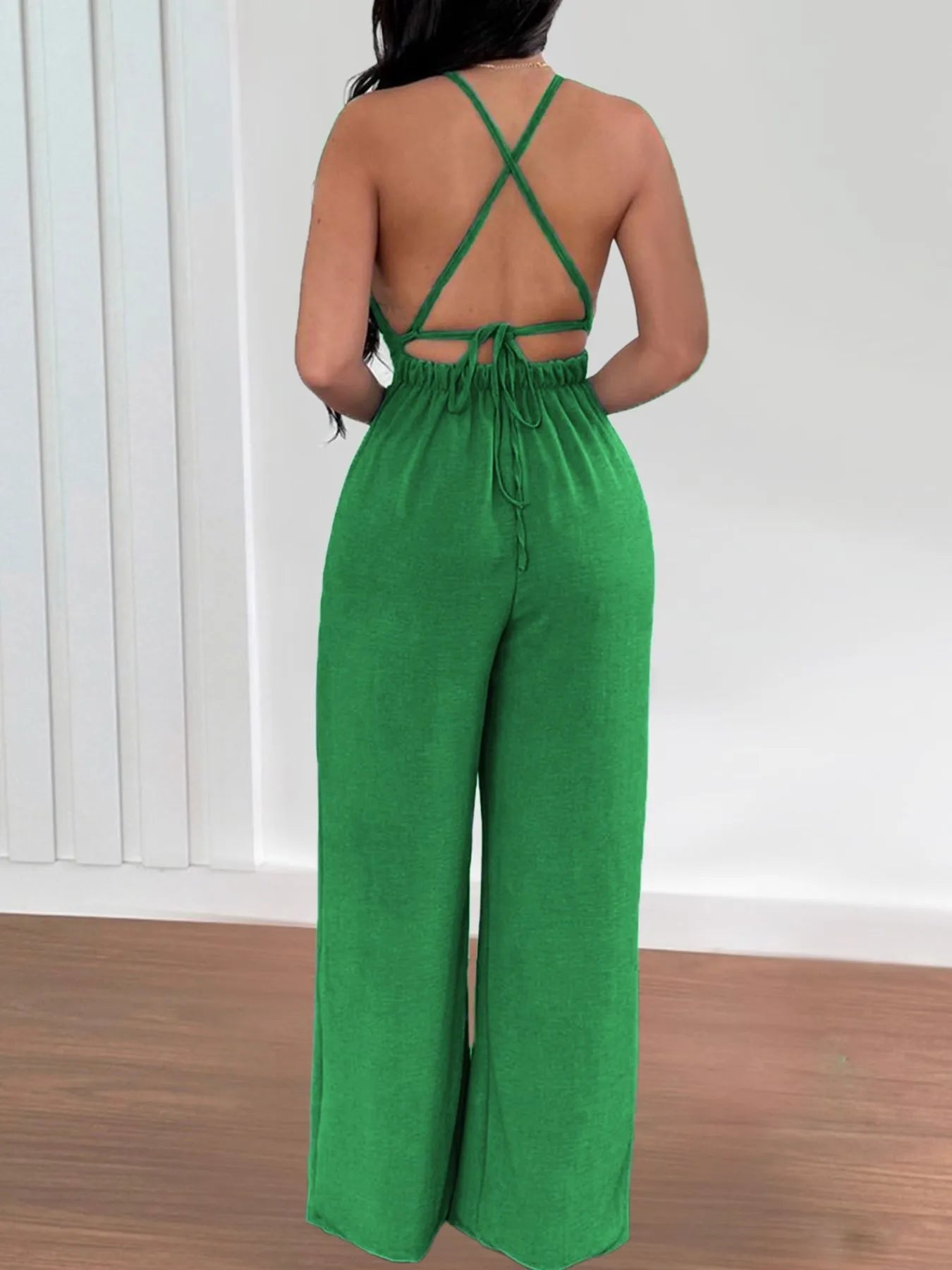 Crisscross Back V - Neck Wide Leg Jumpsuit - Flip Flop Dynasty
