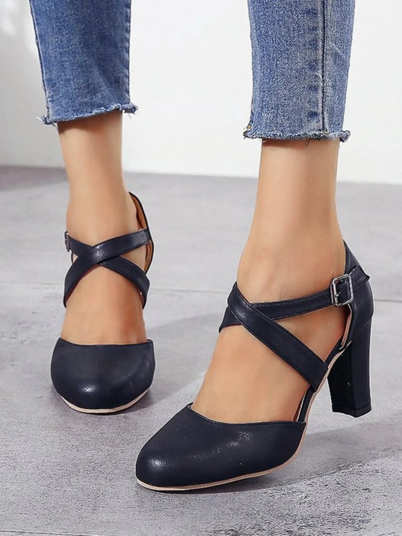 Cross - Strap Block Heel Pumps - Flip Flop Dynasty