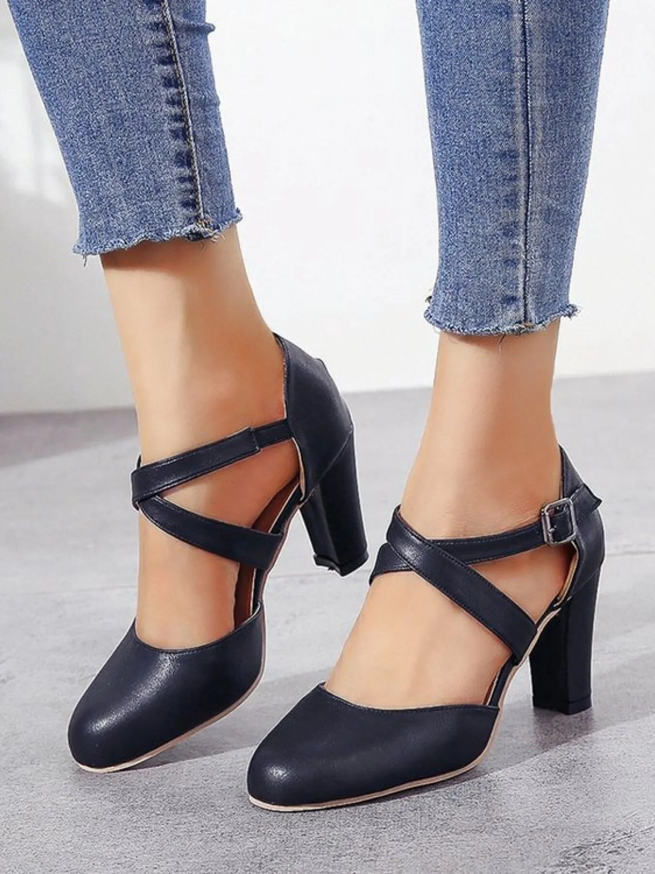 Cross - Strap Block Heel Pumps - Flip Flop Dynasty