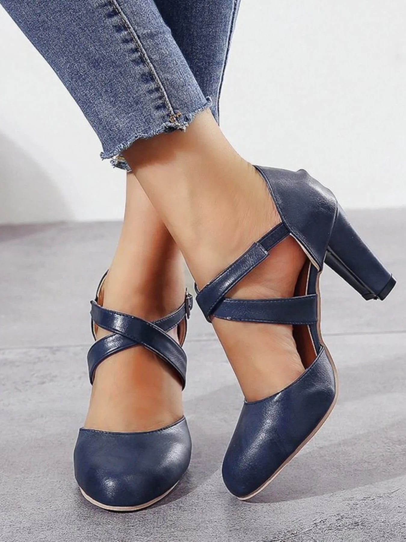 Cross - Strap Block Heel Pumps - Flip Flop Dynasty