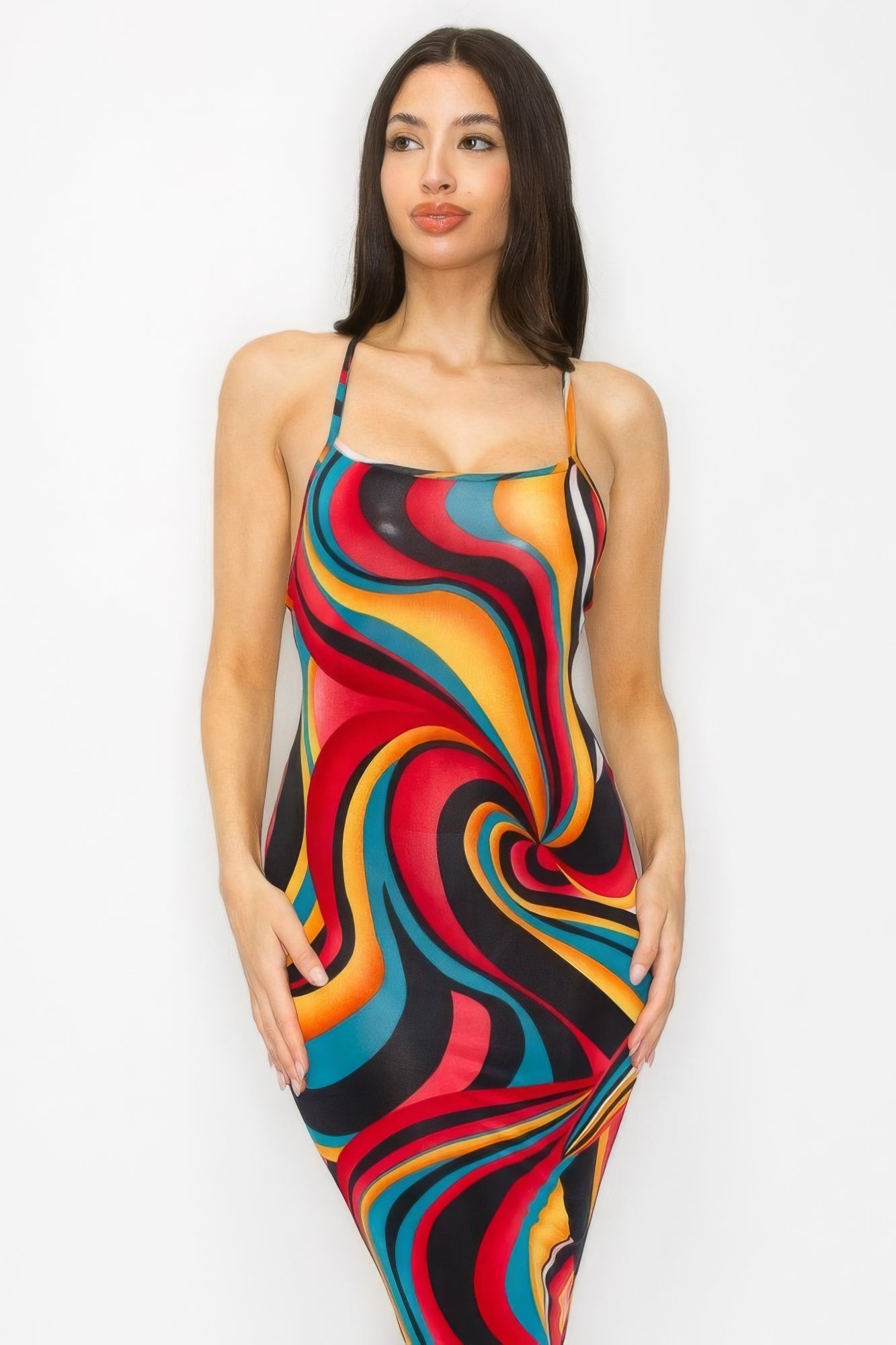 Crossed Back Marble Print Multicolor Midi Dress - Flip Flop Dynasty