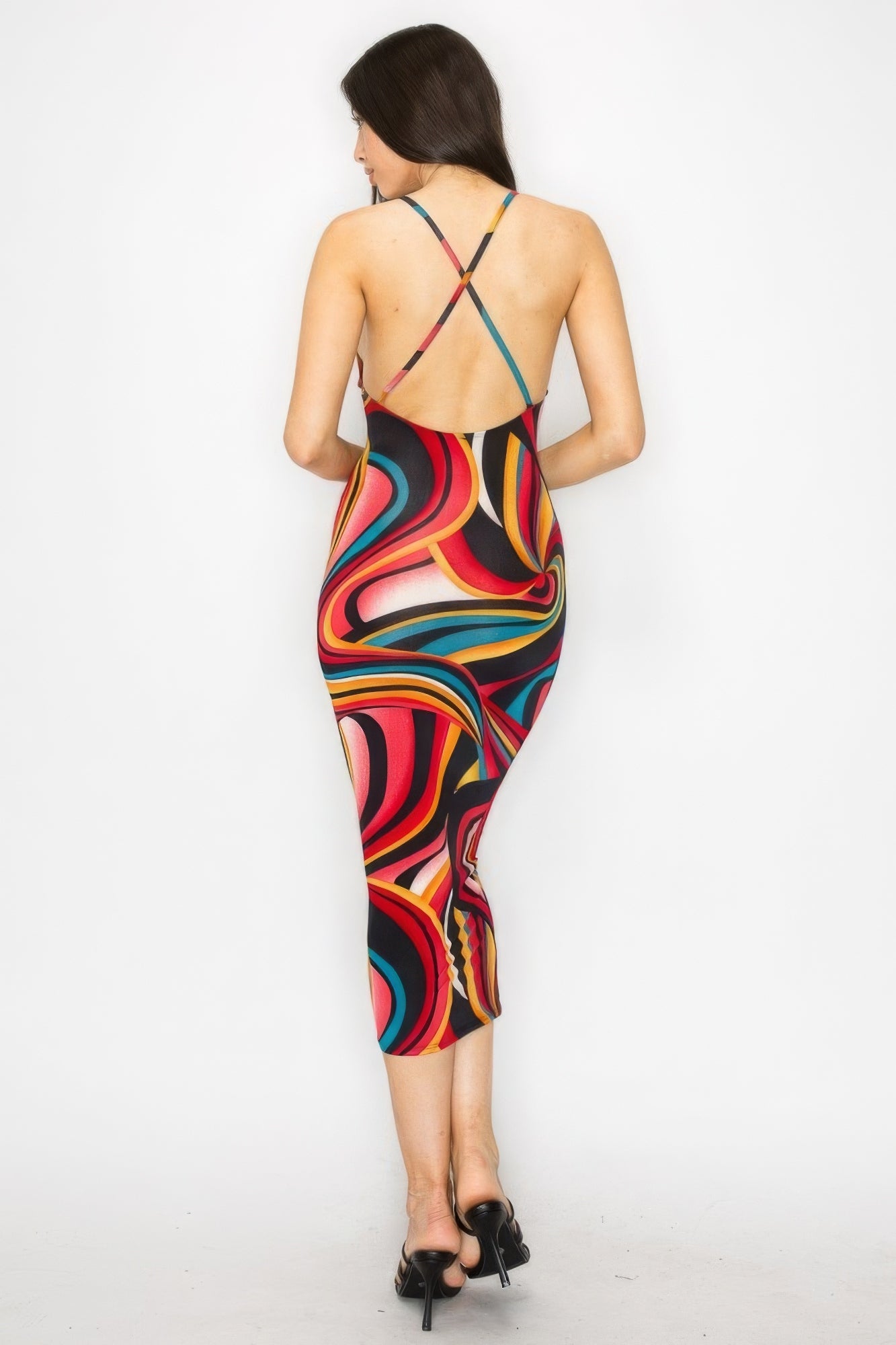 Crossed Back Marble Print Multicolor Midi Dress - Flip Flop Dynasty