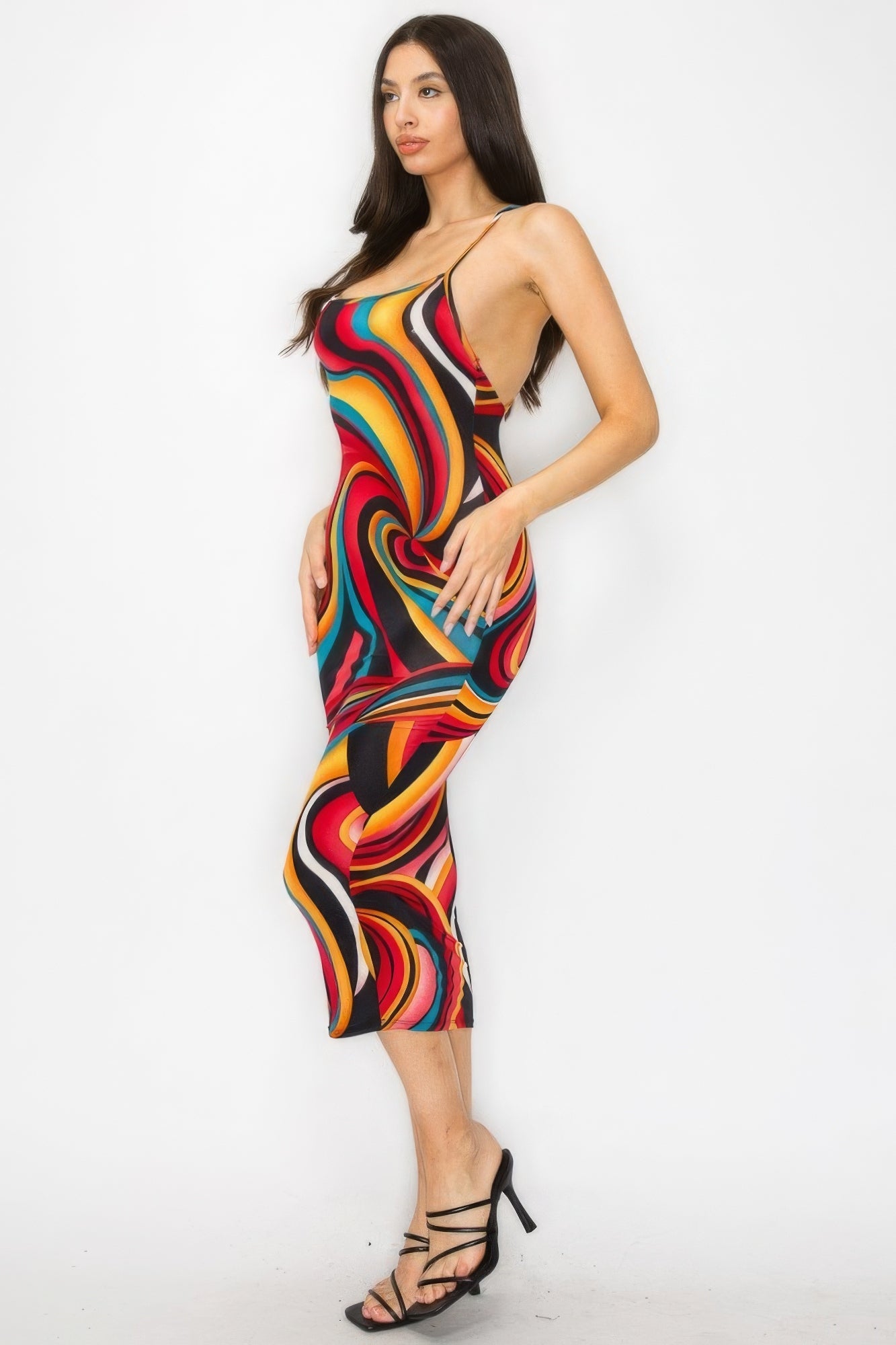 Crossed Back Marble Print Multicolor Midi Dress - Flip Flop Dynasty