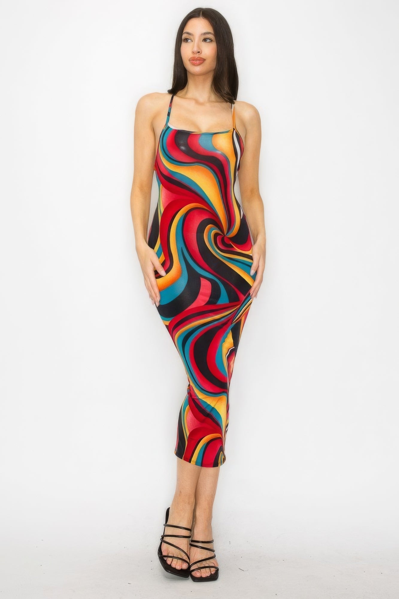Crossed Back Marble Print Multicolor Midi Dress - Flip Flop Dynasty