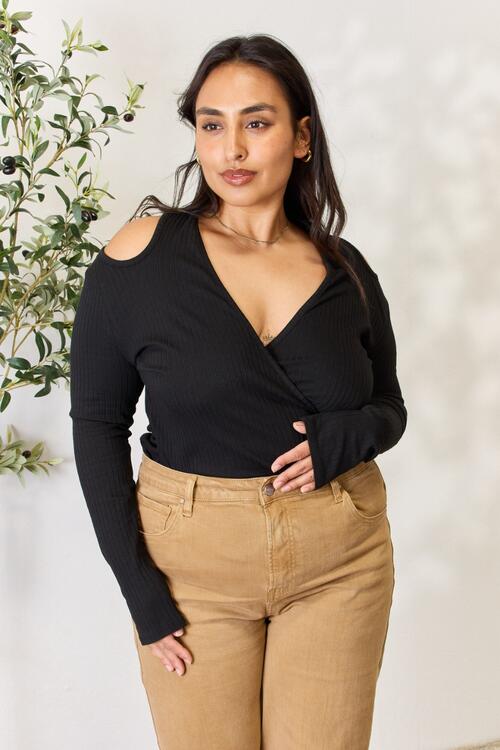 Culture Code Full Size Ribbed Surplice Cold Shoulder Top - Flip Flop Dynasty