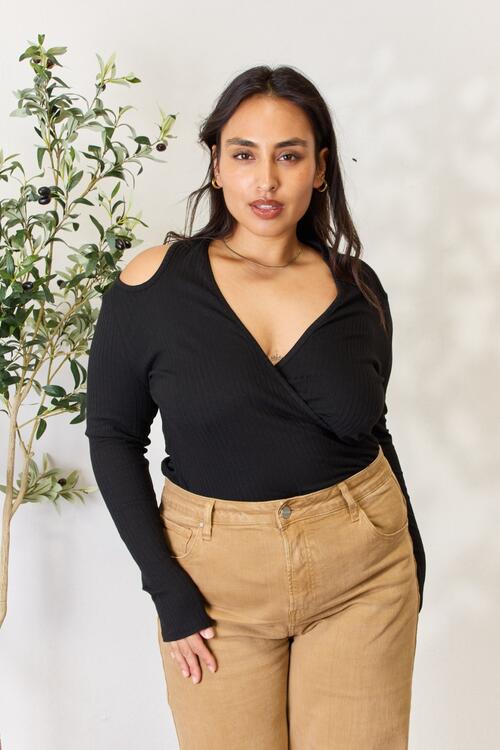 Culture Code Full Size Ribbed Surplice Cold Shoulder Top - Flip Flop Dynasty