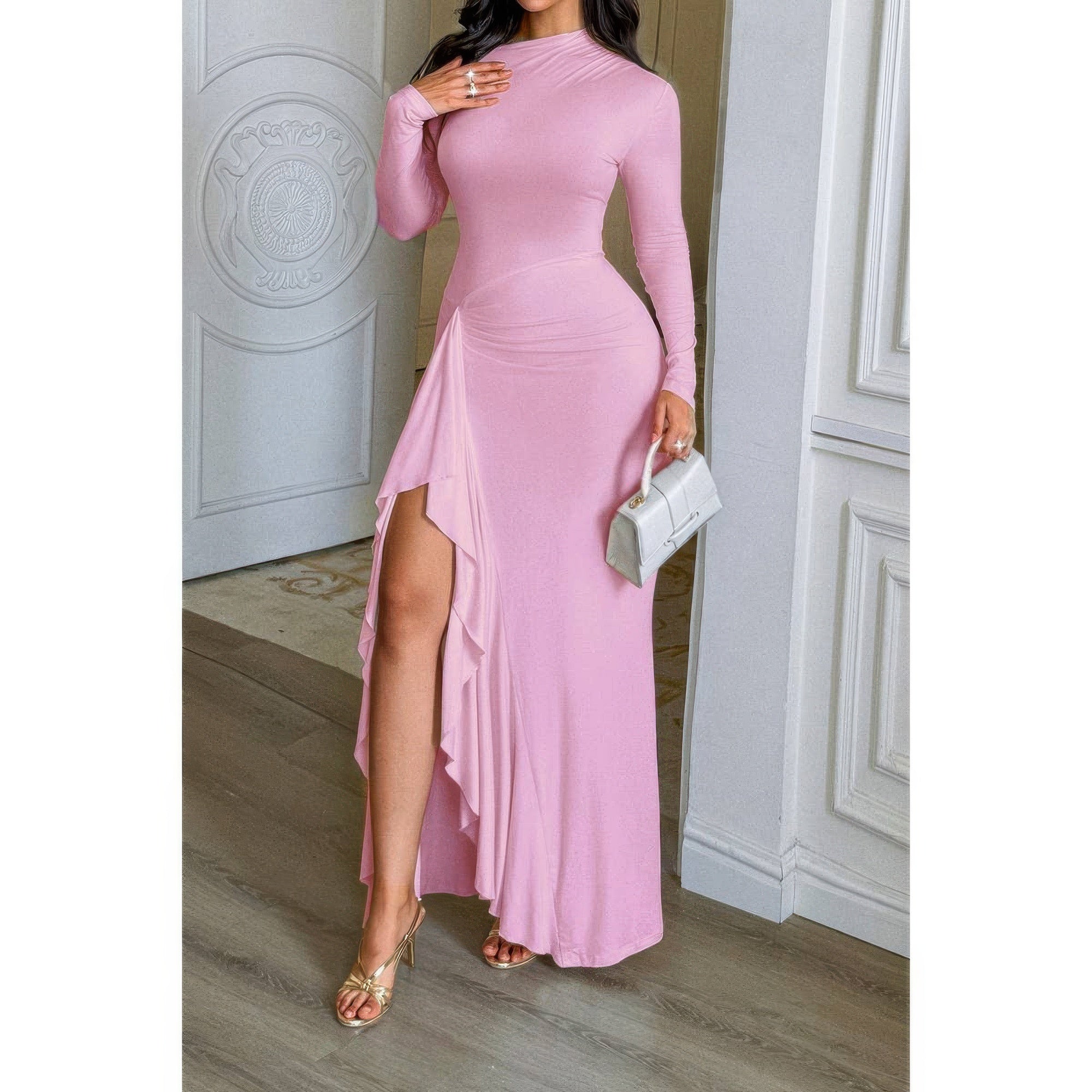 Curvy Slit Elegant Ruched Long Sleeve Dress - Flip Flop Dynasty