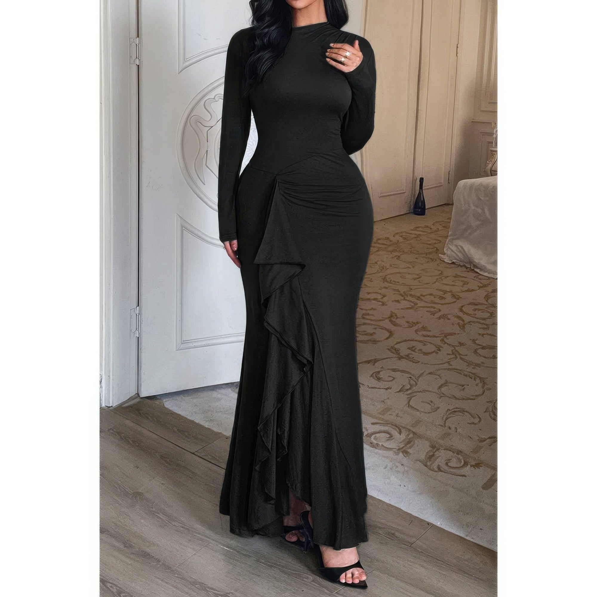 Curvy Slit Elegant Ruched Long Sleeve Dress - Flip Flop Dynasty