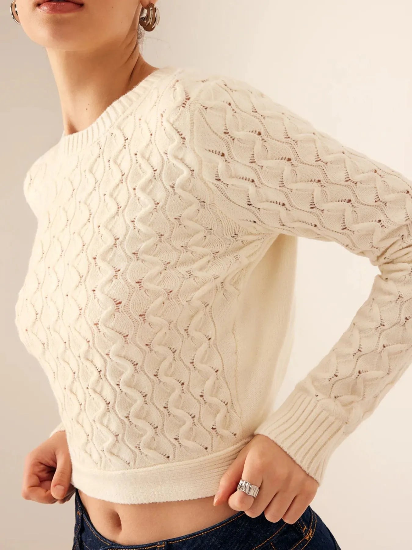 Cutout Bow Back Texture Round Neck Sweater - Flip Flop Dynasty