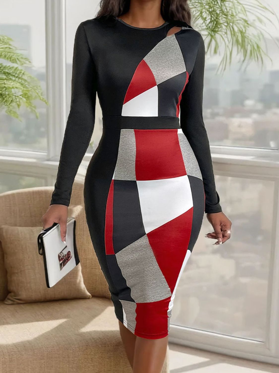Cutout Color Block Round Neck Long Sleeve Dress - Flip Flop Dynasty