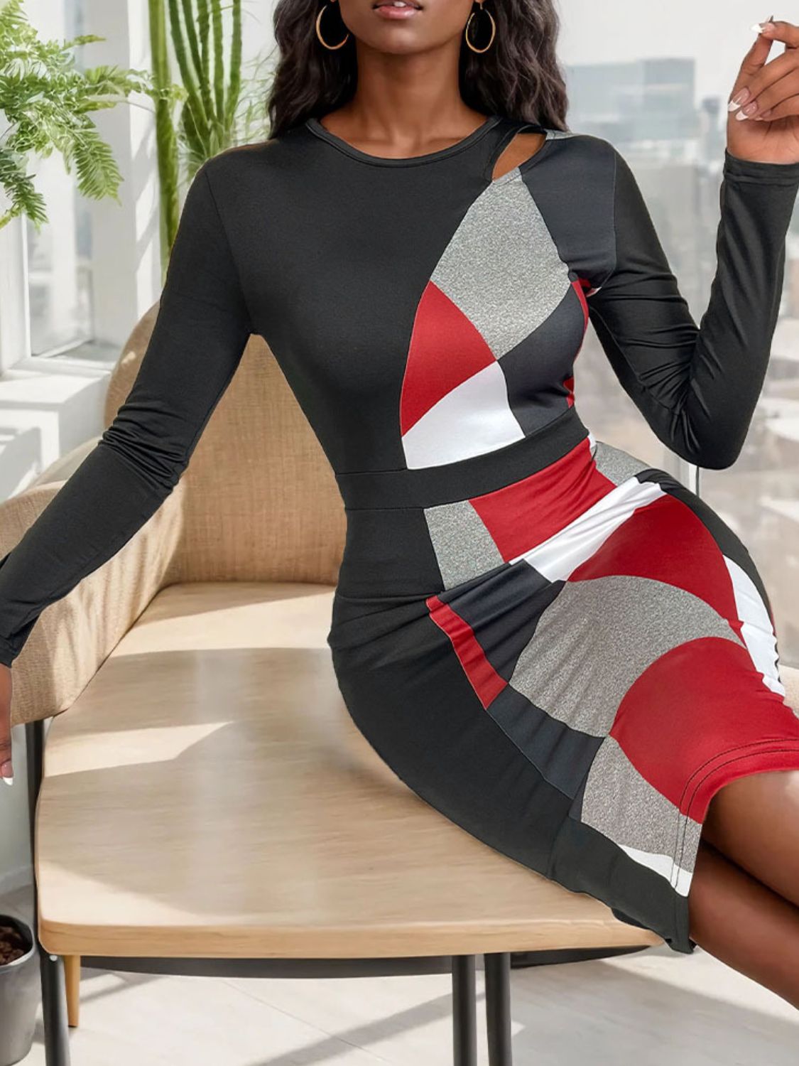 Cutout Color Block Round Neck Long Sleeve Dress - Flip Flop Dynasty