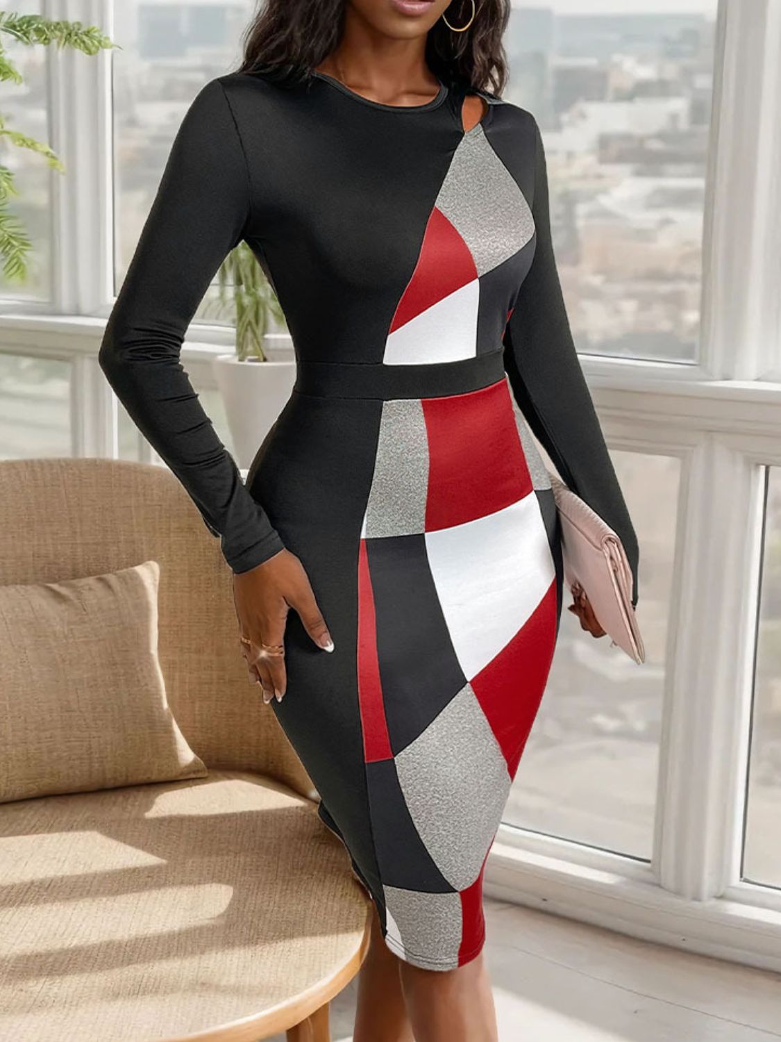 Cutout Color Block Round Neck Long Sleeve Dress - Flip Flop Dynasty