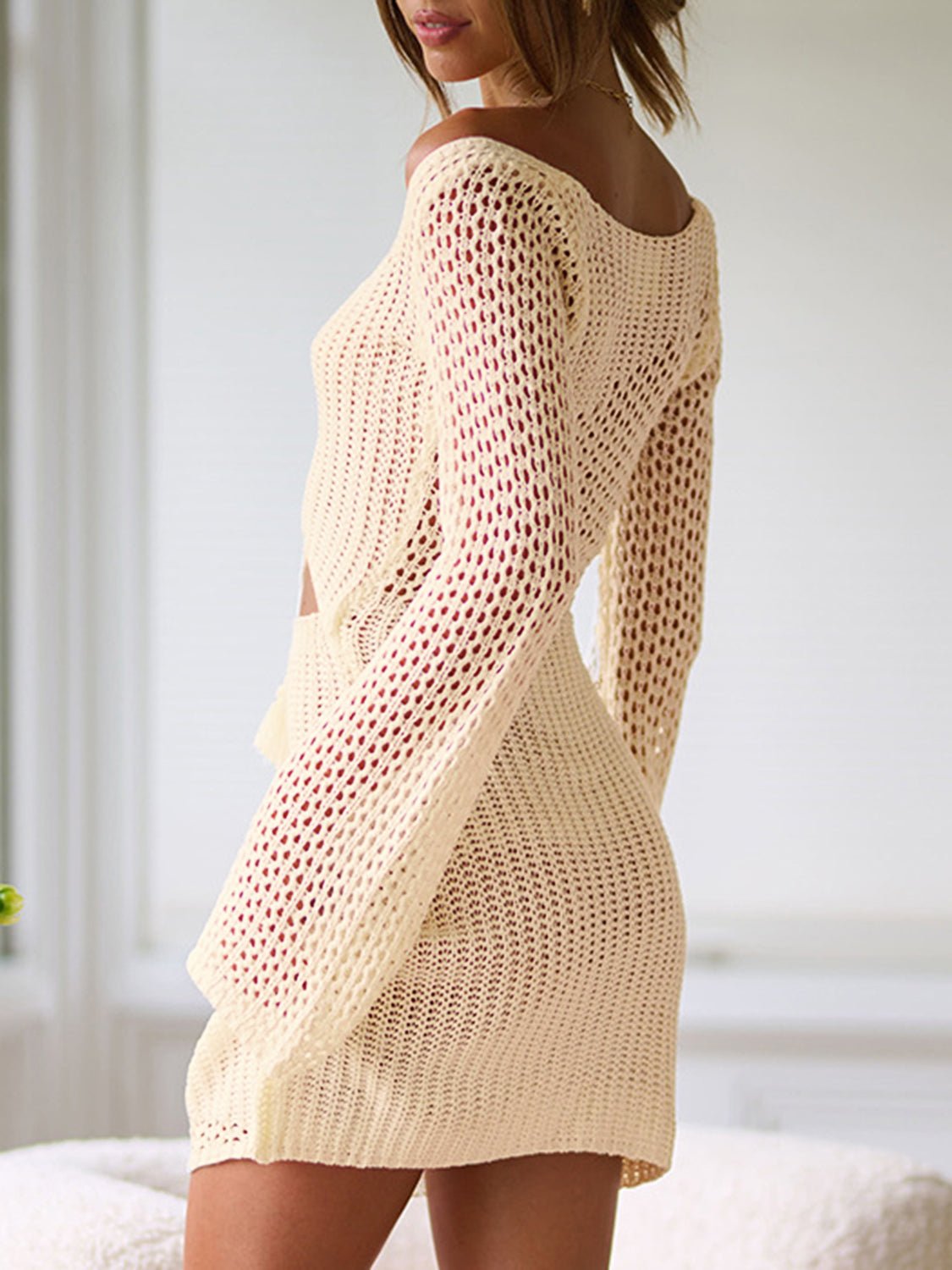 Cutout Lace - Up Long Sleeve Cover Up - Flip Flop Dynasty