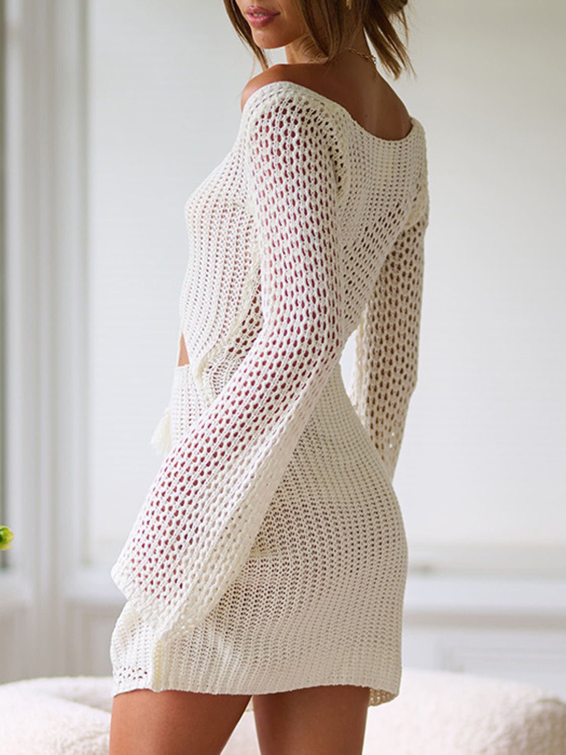 Cutout Lace - Up Long Sleeve Cover Up - Flip Flop Dynasty