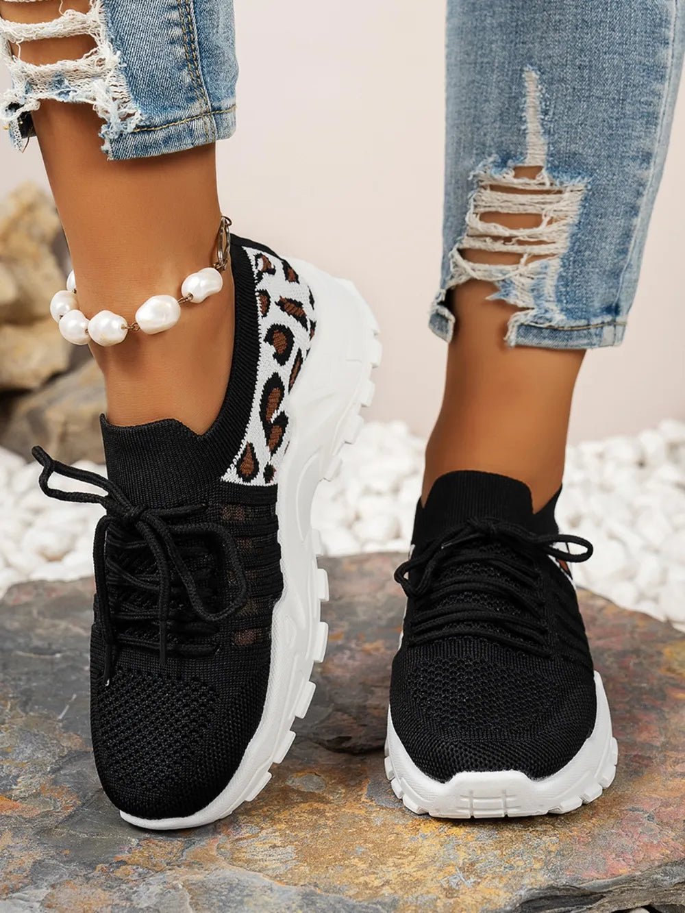 Cutout Leopard Lace Up Mesh Athletic - Flip Flop Dynasty