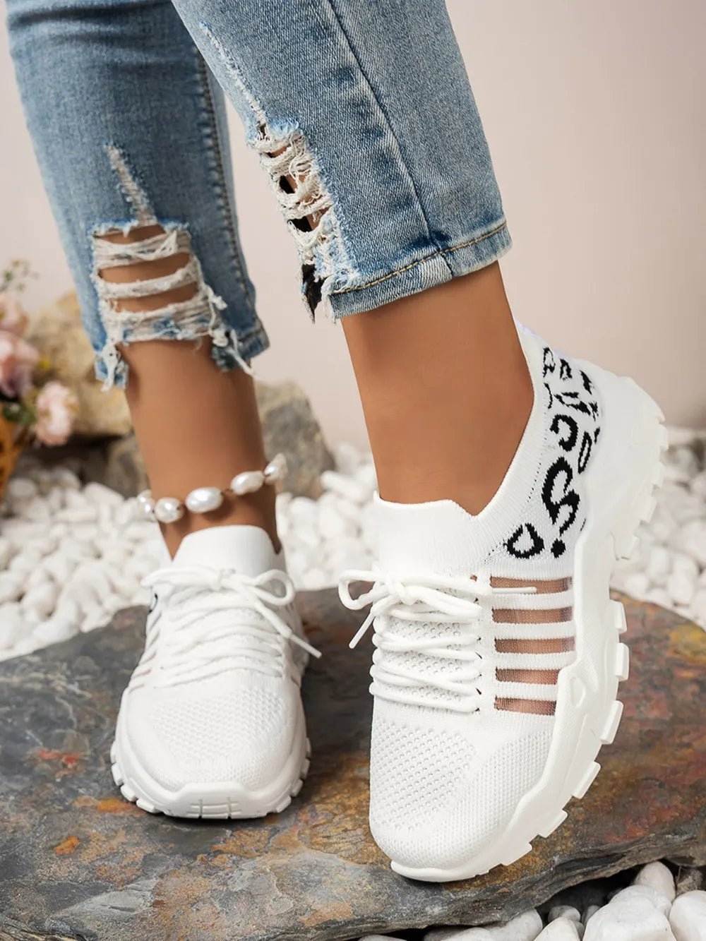 Cutout Leopard Lace Up Mesh Athletic - Flip Flop Dynasty