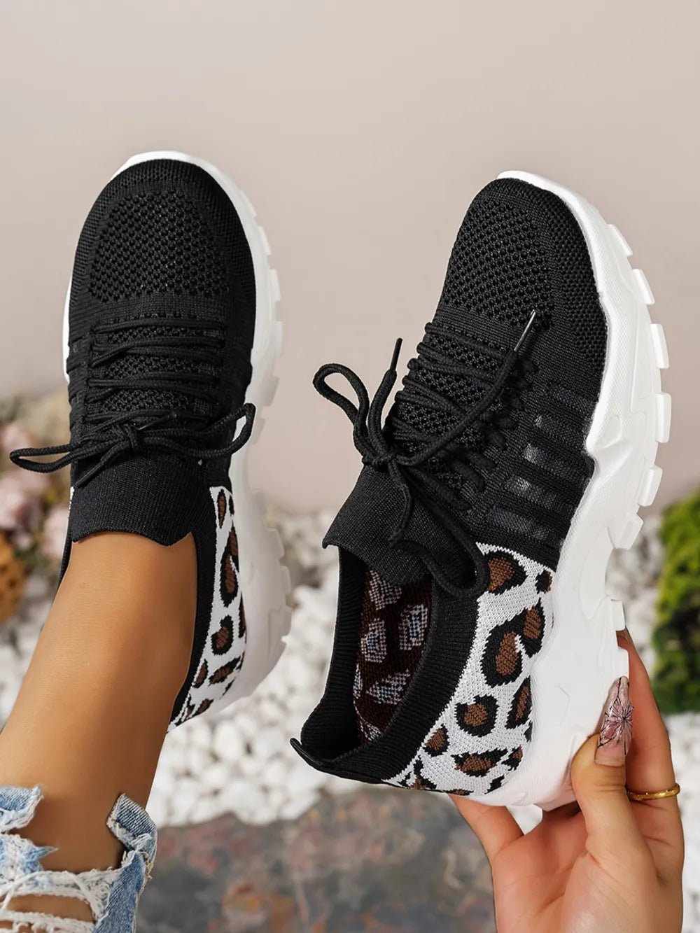 Cutout Leopard Lace Up Mesh Athletic - Flip Flop Dynasty
