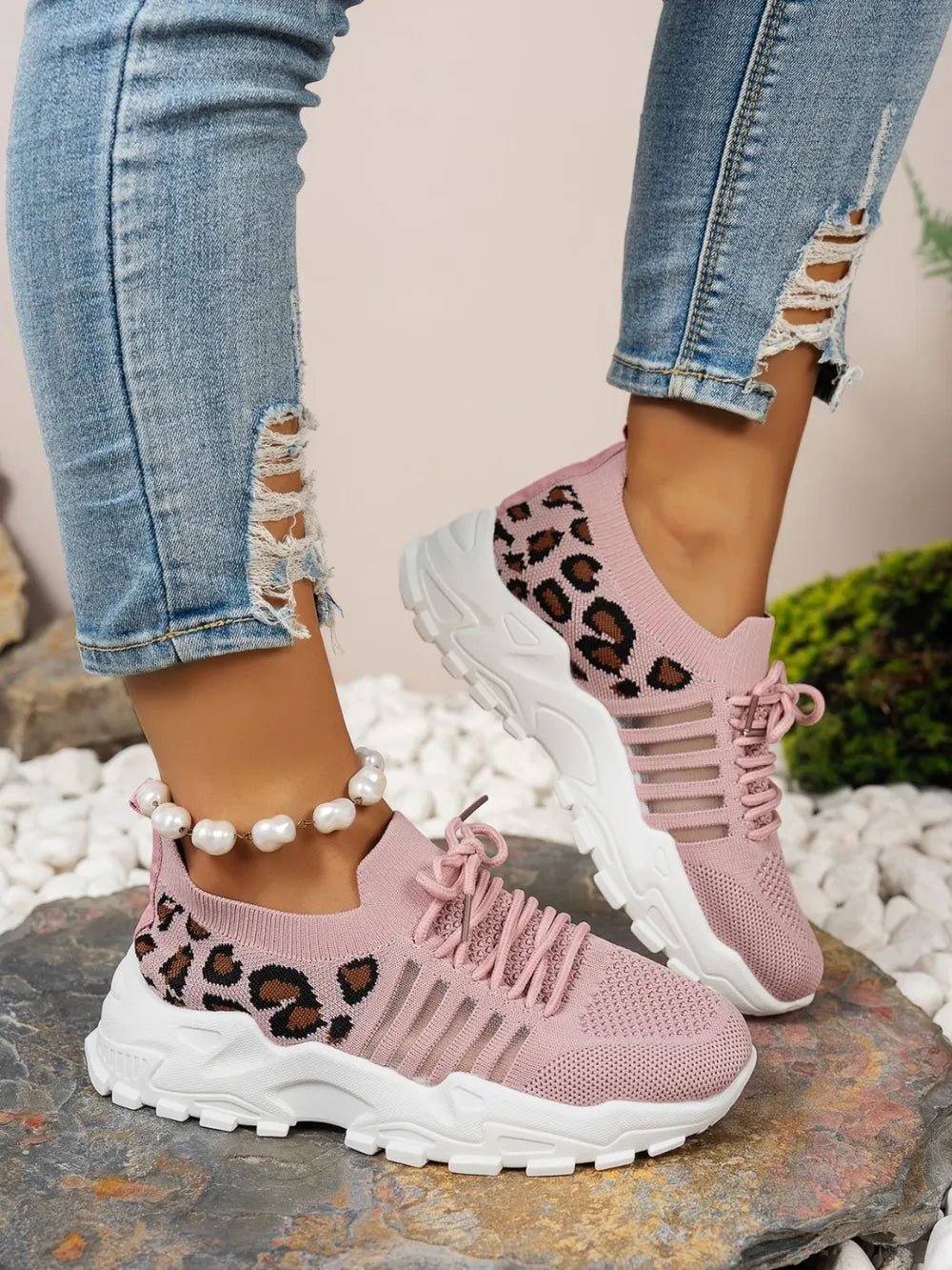 Cutout Leopard Lace Up Mesh Athletic - Flip Flop Dynasty