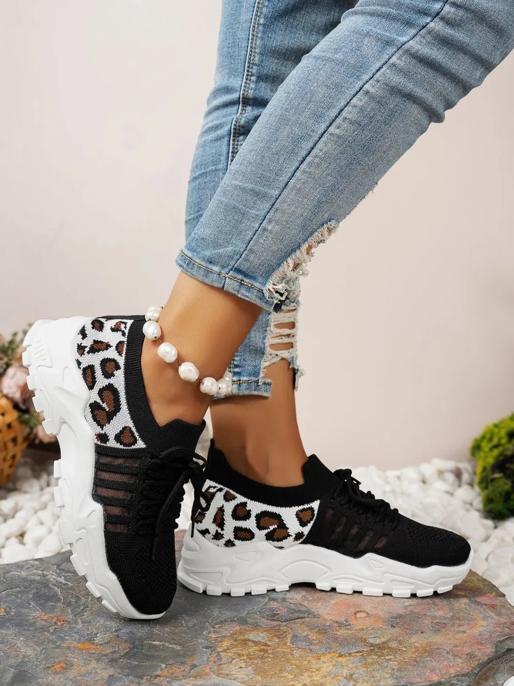 Cutout Leopard Lace Up Mesh Athletic - Flip Flop Dynasty