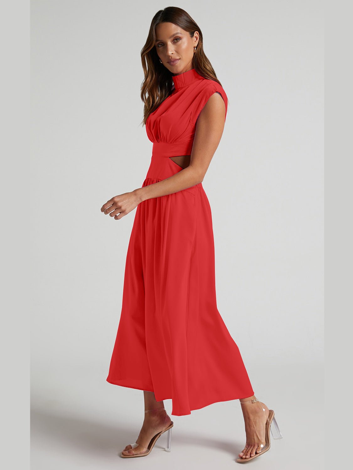 Cutout Mock Neck Sleeveless Ruched Dress - Flip Flop Dynasty