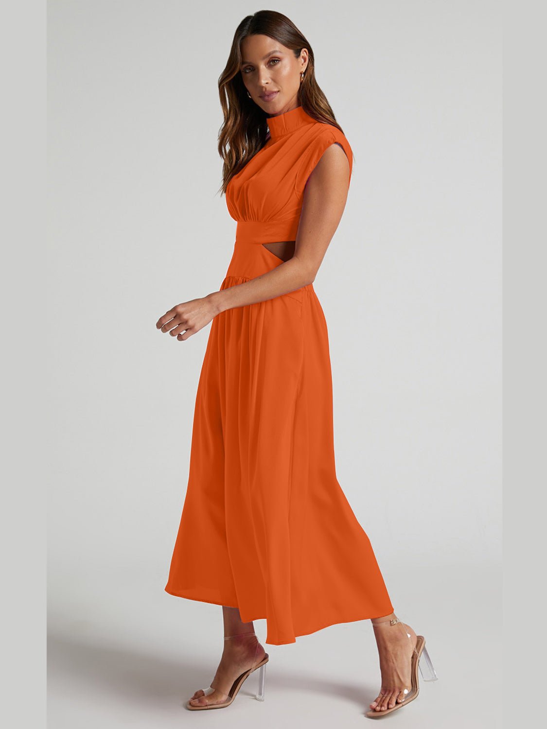 Cutout Mock Neck Sleeveless Ruched Dress - Flip Flop Dynasty