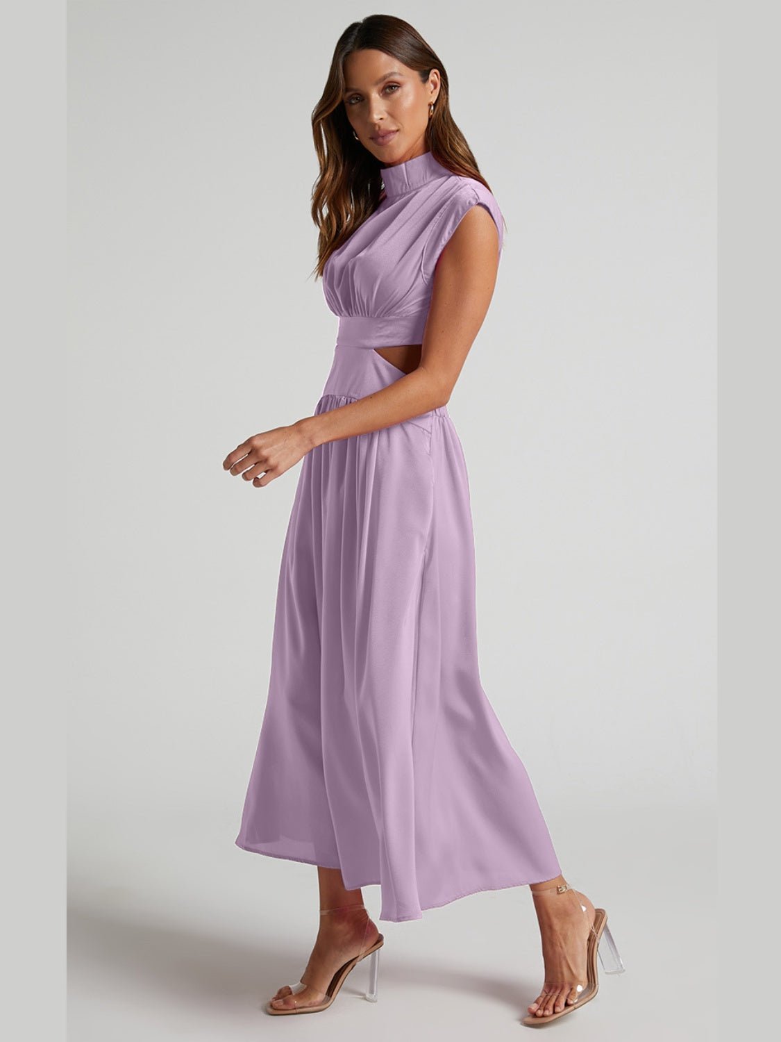 Cutout Mock Neck Sleeveless Ruched Dress - Flip Flop Dynasty