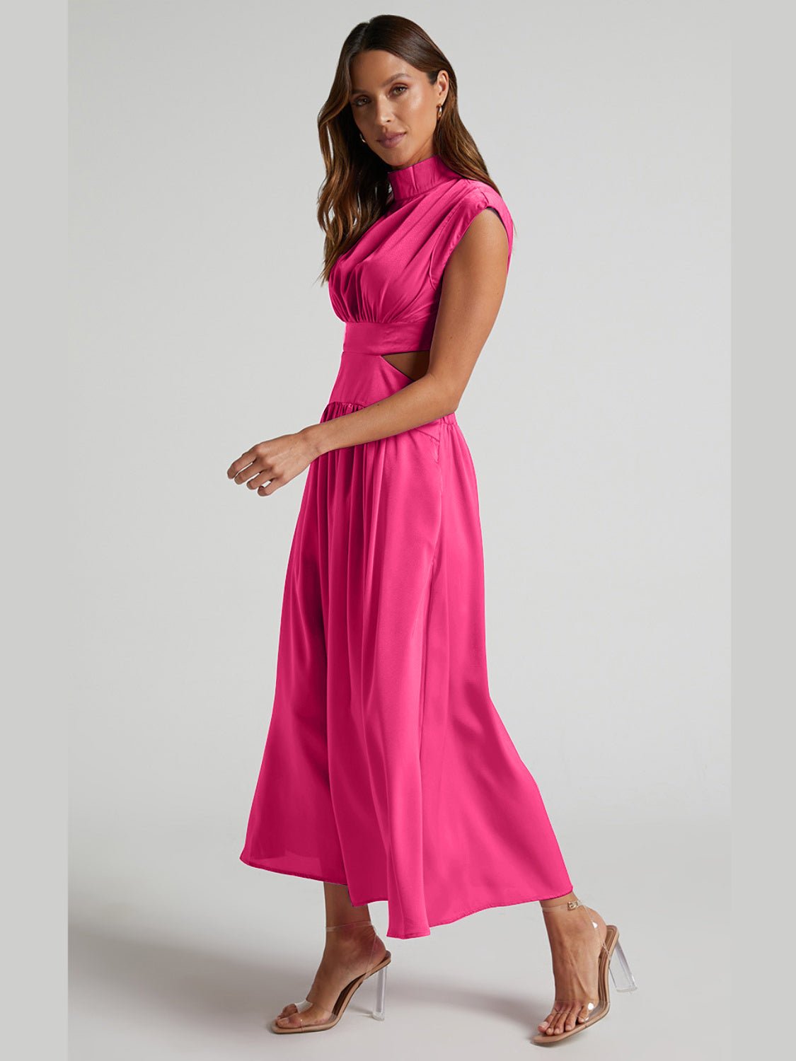 Cutout Mock Neck Sleeveless Ruched Dress - Flip Flop Dynasty