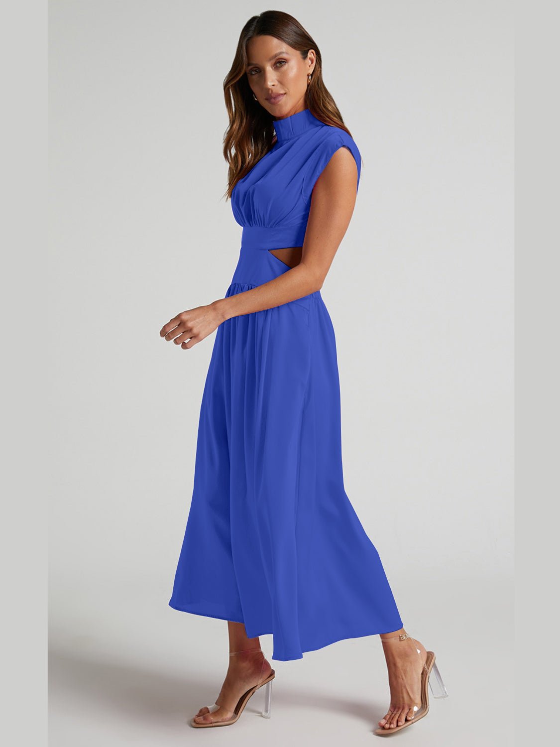Cutout Mock Neck Sleeveless Ruched Dress - Flip Flop Dynasty