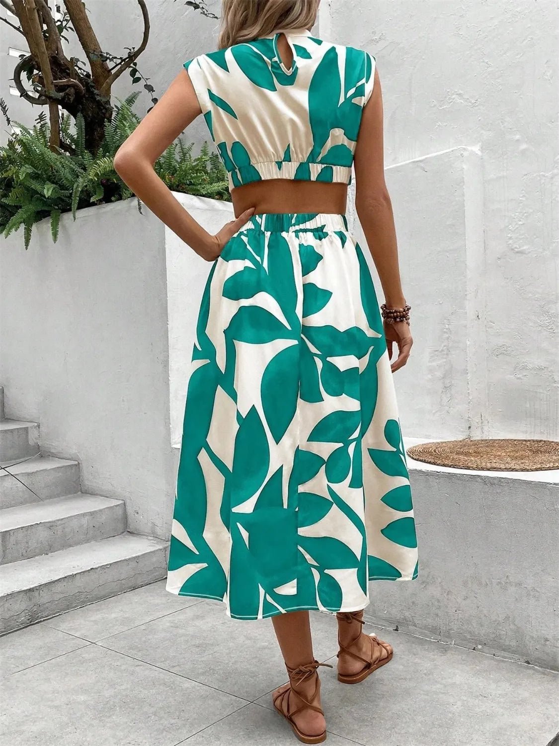 Cutout Printed Cap Sleeve Midi Dress - Flip Flop Dynasty