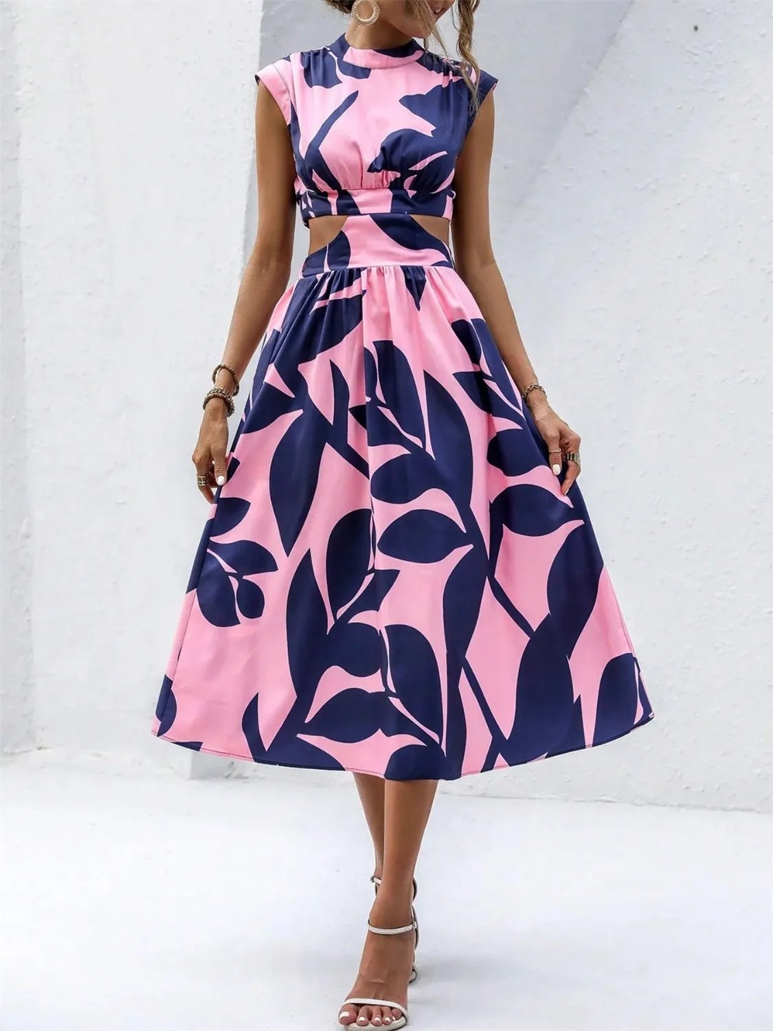Cutout Printed Cap Sleeve Midi Dress - Flip Flop Dynasty