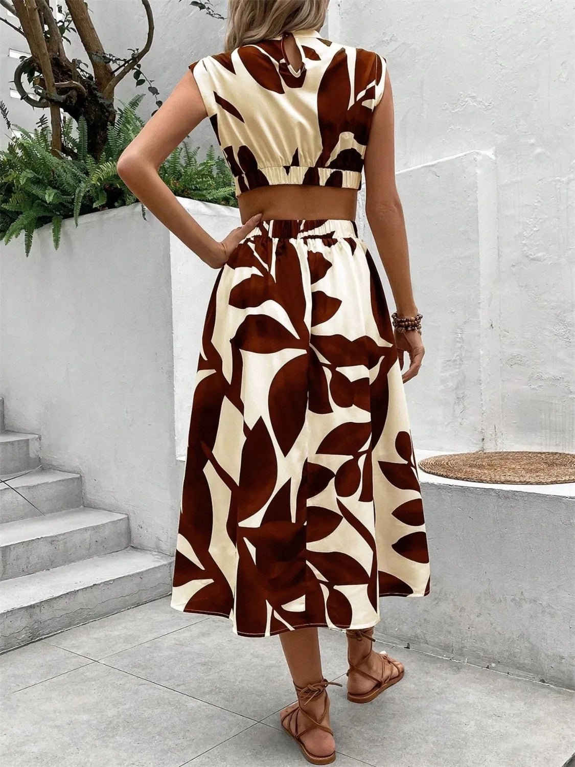 Cutout Printed Cap Sleeve Midi Dress - Flip Flop Dynasty