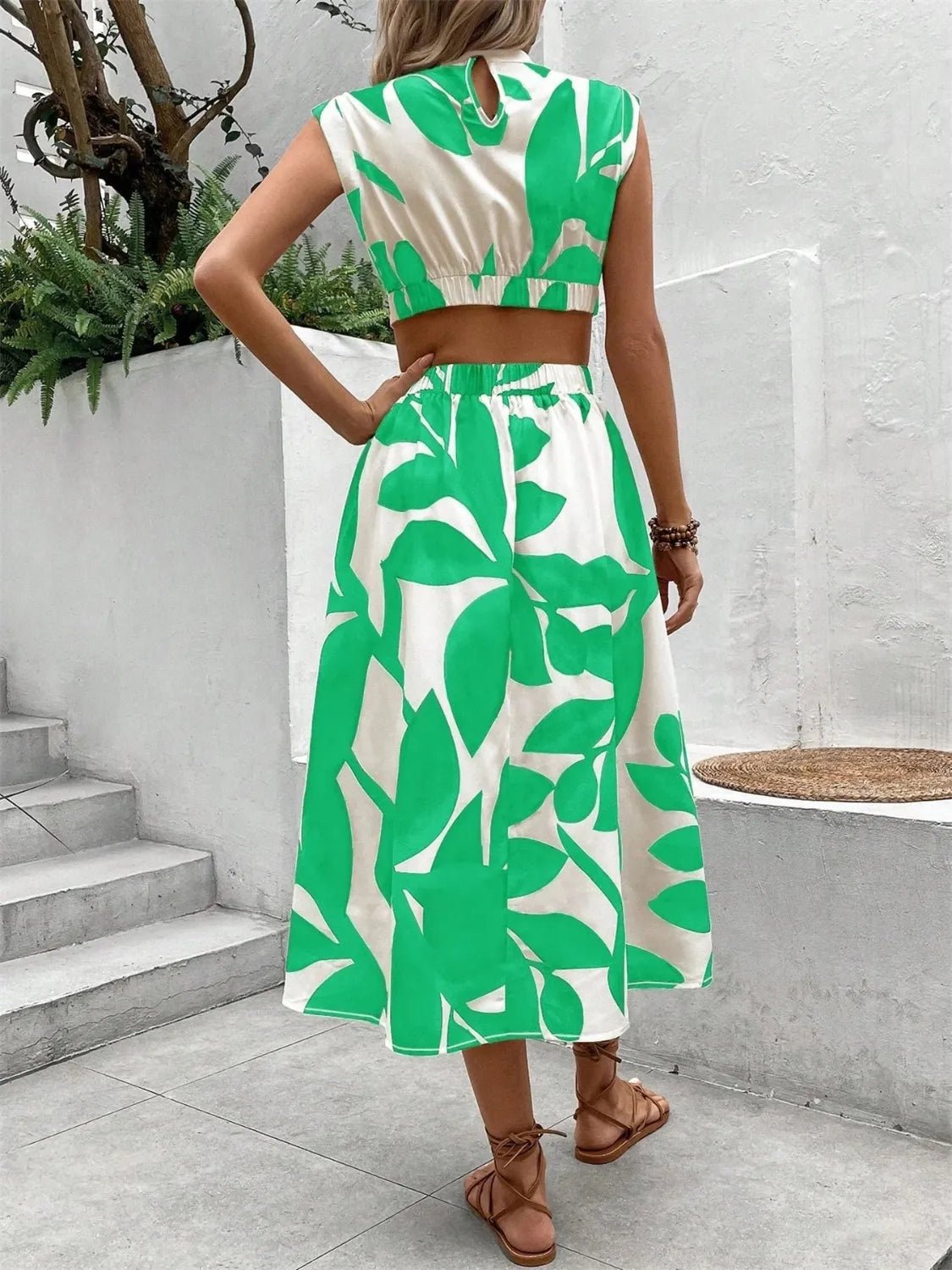 Cutout Printed Cap Sleeve Midi Dress - Flip Flop Dynasty