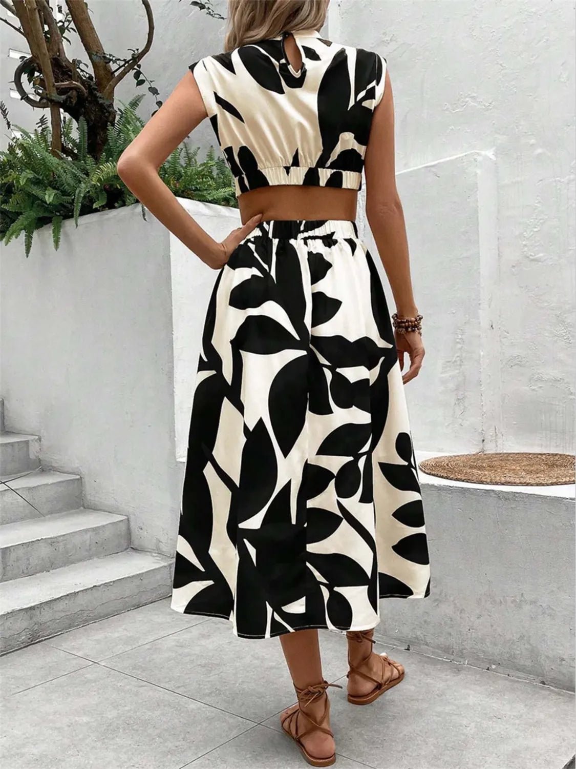 Cutout Printed Cap Sleeve Midi Dress - Flip Flop Dynasty