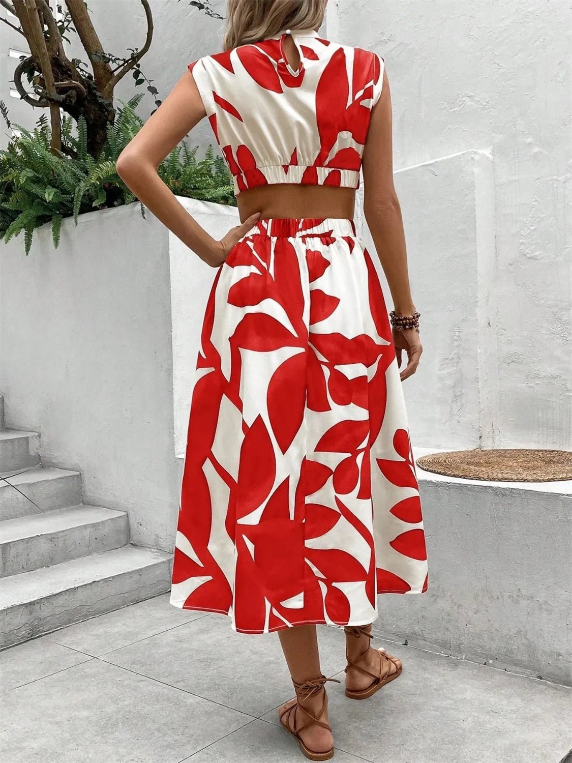 Cutout Printed Cap Sleeve Midi Dress - Flip Flop Dynasty