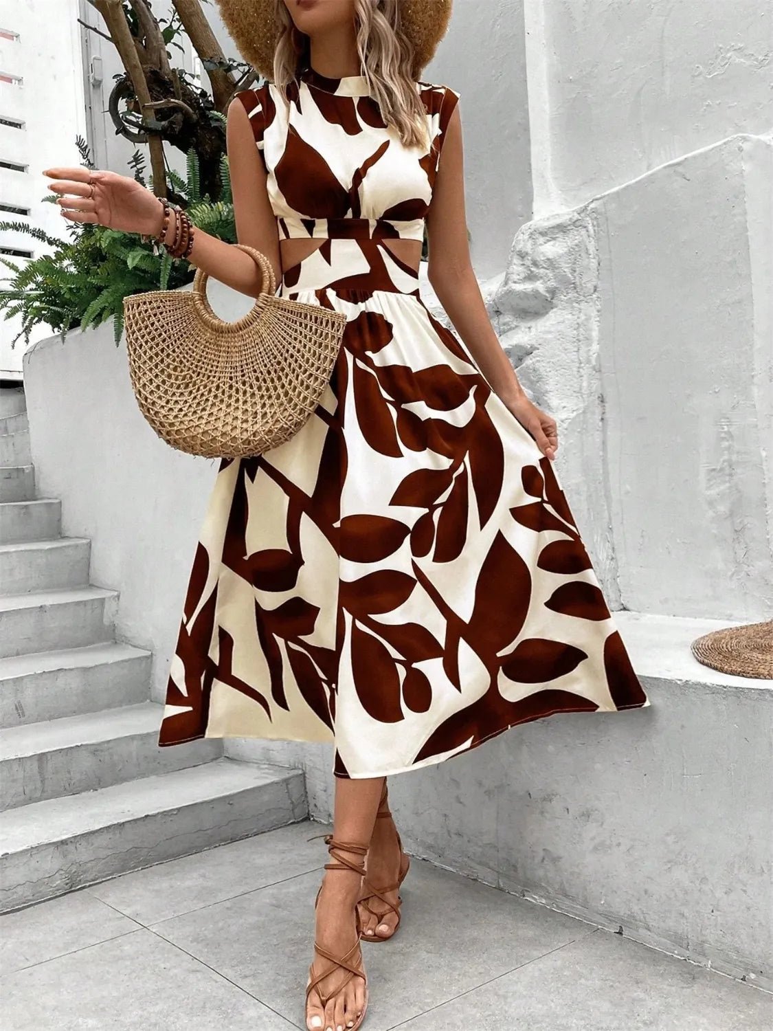 Cutout Printed Cap Sleeve Midi Dress - Flip Flop Dynasty