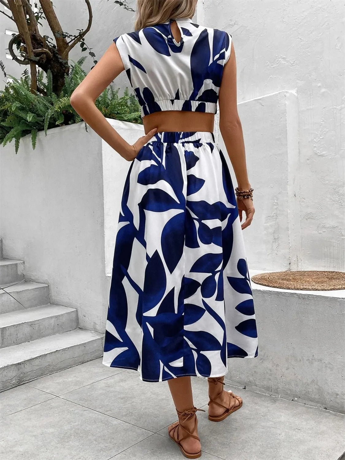 Cutout Printed Cap Sleeve Midi Dress - Flip Flop Dynasty