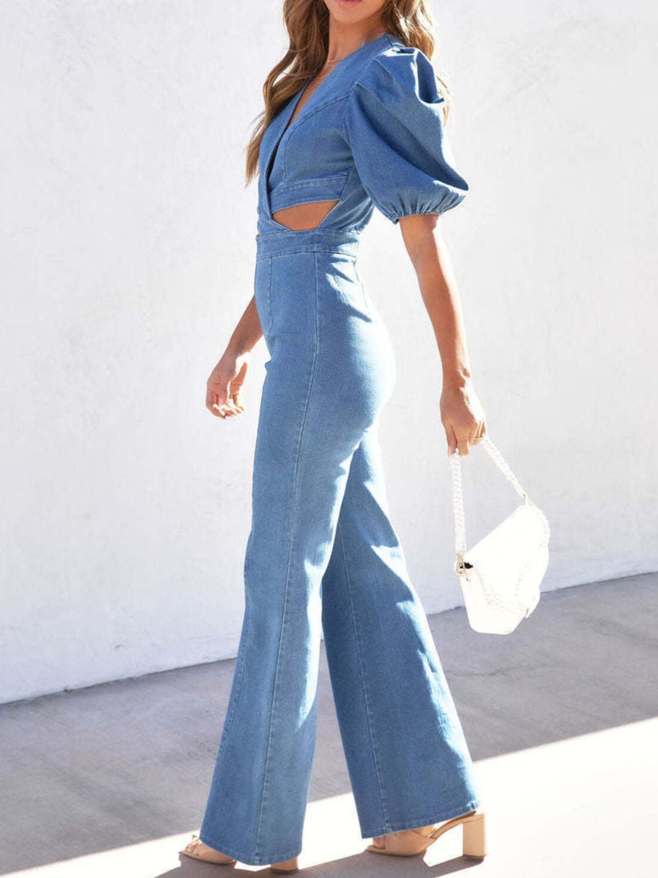 Cutout Puff Sleeve Denim Jumpsuit - Flip Flop Dynasty
