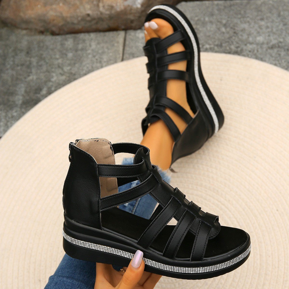 Cutout Rhinestone Trim Wedge Sandals - Flip Flop Dynasty
